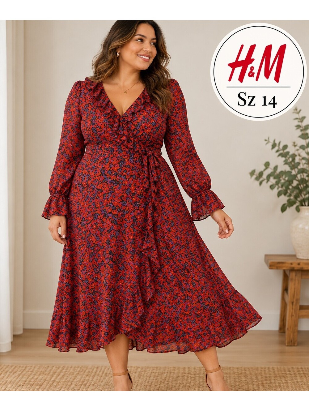 H&M | Sz 14 | Floral Faux Wrap Ruffle Midi Dress